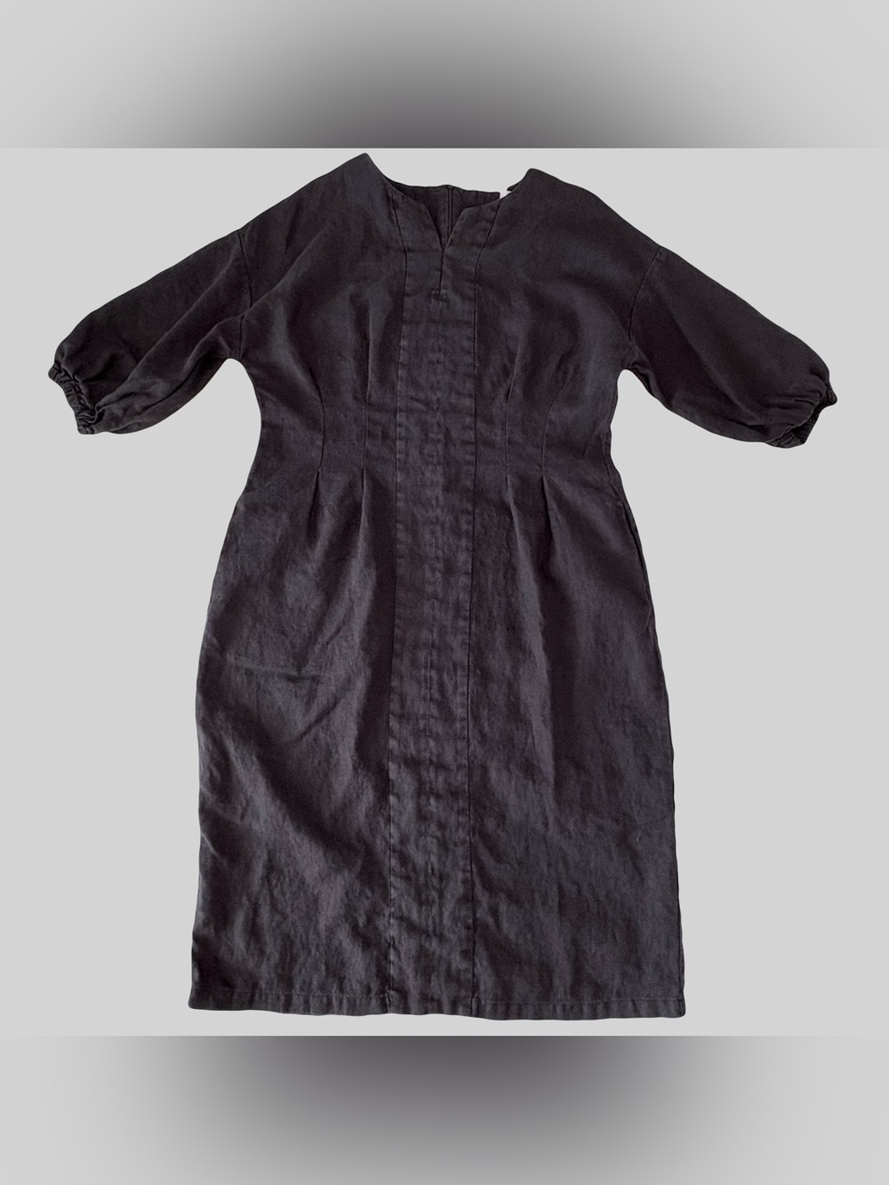 Magic Linen Handmade BALLOON SLEEVE 100% LINEN DRESS BORNEO Black size XL
